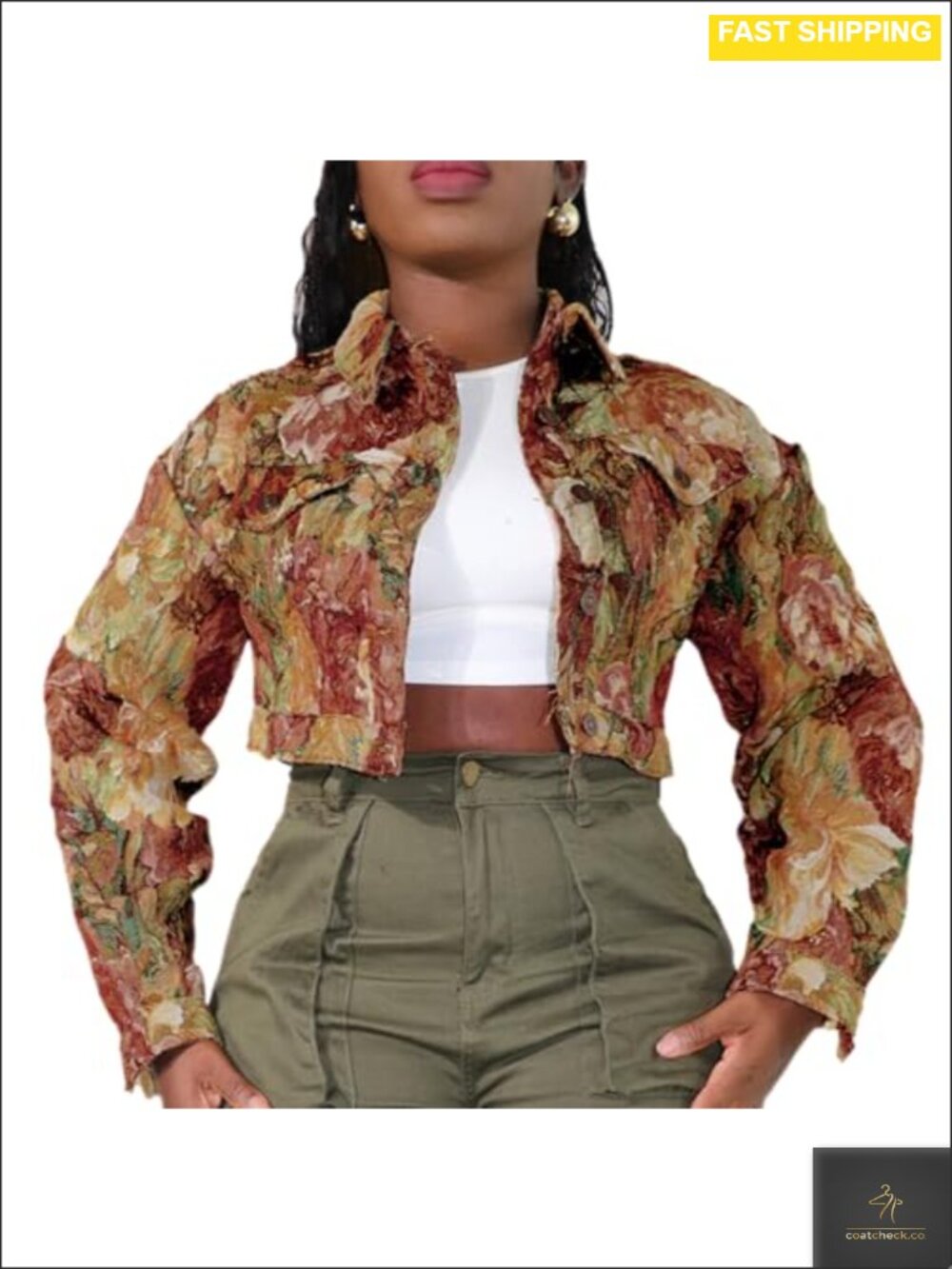 Women's Cropped Floral Jacquard Jacket Button Front Long Sleeve Casual